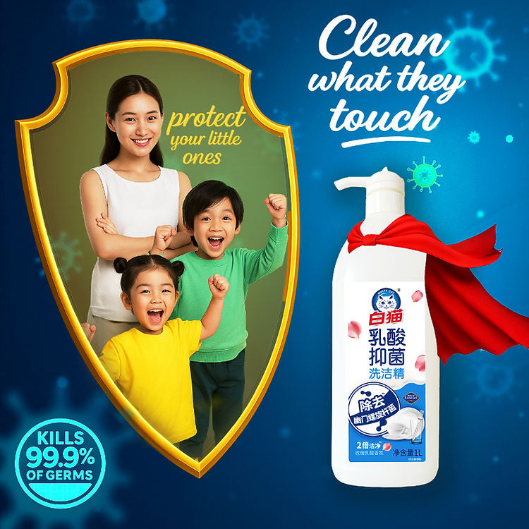 白猫乳酸抑菌洗洁精 1L Whitecat Lactic Acid Antibacterial Dishwashing Liquid 1L